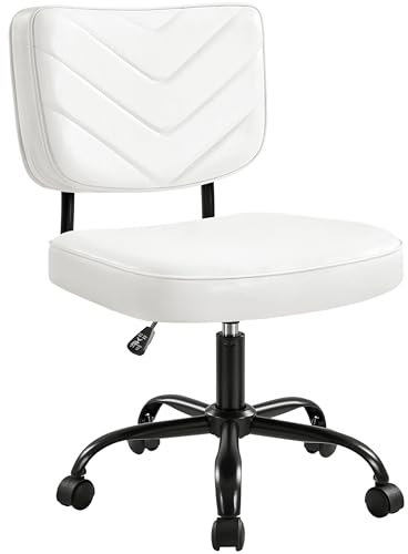 Yaheetech Office Desk Chair with Wheels, Height Adjustable Swivel Vanity Modern Armless Chair with Back Support and PU Leather for Home Bedroom, White