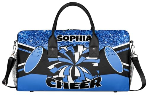 Mintoprints Personalisierte Cheer Taschen für Cheerleaders Custom Sport Duffel Bag Gym Bag Travel Duffle Bag Übernachtung Weekender Bag, Blauer Glitzer., 17.4x8.3x9.5, Cheerleading