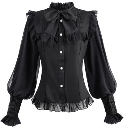 FCCAM Viktorianische Bluse Damen Steam Punk Bluse Damen Rüschenbluse Mittelalter Spitzen Shirt Trachtenbluse,Schwarz,3XL