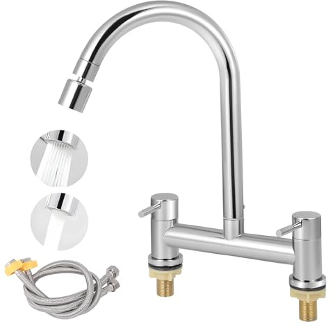 Kitchen Sink Mixer Tap, 2 Hole Bridge Mixer Taps with 2 Function Aerator, 180mm Centers Deck Mounted Faucet, Hot and Cold Dual Lever Kitchen Taps, 1/4 Turn, 360° Swivel Spout(Silver)