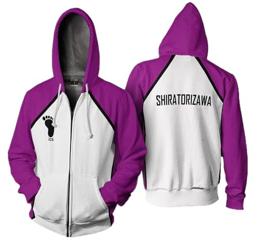 Charous Anime Haikyuu!! SHIRATORIZAWA Club 3D Digitaldruck Reißverschluss Hoodie Unisex Sweatshirts für Manga Fans Cosplay oder Geschenk, weiß, L
