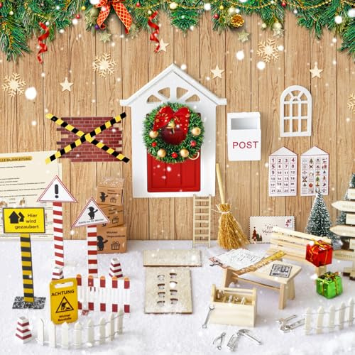 ROLLWAY 80 Stück Miniatur Wichtel Zubehör Baustelle Set, Weihnachten Wichteltür Zubehör Komplettset Weihnachtswichtel Zubehör Wichtelhaus Wichteltüren Komplett, Wichtelbaustellen Feentür Holz Tür