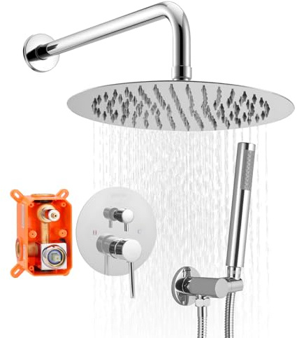 VEVOR Ensemble de Robinetterie de Douche Encastrable, Système de Douche de Pluie avec Pommeau de Tête Rond 25,4 cm, Douchette à Main et Kit de Garniture, Fixation Murale, Salle de Bain, Argent Chromé