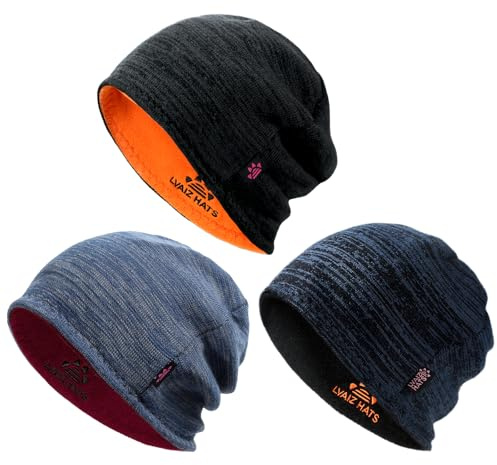 SHINCHIC 3 Pack Reversible Winter Fleece Lined Beanie Hats for Men Women Warm Windproof Cotton Stretchy Knitted Skull Caps