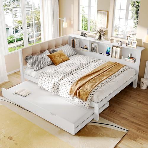 EINHOM Polsterbett Schlafsofa 140x200 cm,Kinderbett Ausziehbar,Stauraumbett, Tagesbett mit LED-Fernbedienungslichtleiste und USB, Daybett mit Ausziehbett, Ohne Matratze, Kiefernholz, Weiß