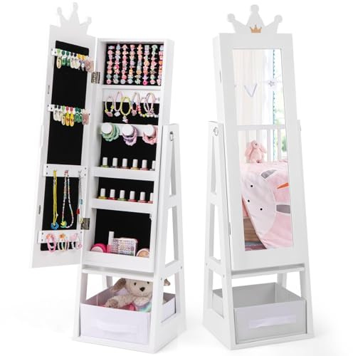 COSTWAY Kinder Schmuckschrank, 3 in 1 Spiegelschrank neigbar mit Ganzkörperspiegel & Aufbewahrungskorb, Schmuck-Organizer in Kronenform, Standspiegel für Kinder ab 3 Jahren (Weiß)