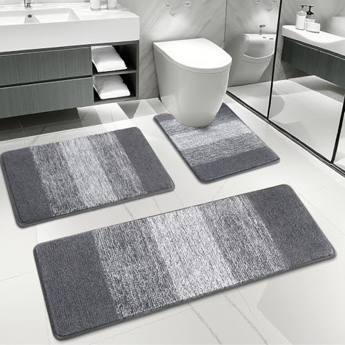 Enyhom Badrumsmatta set 3 delar, mjuk tjock mikrofiber badmatta och WC toaletter matta, grå badmatta halkfri tvättbar, superabsorberande snabbtorkande badrumsset 3 delar stativ WC