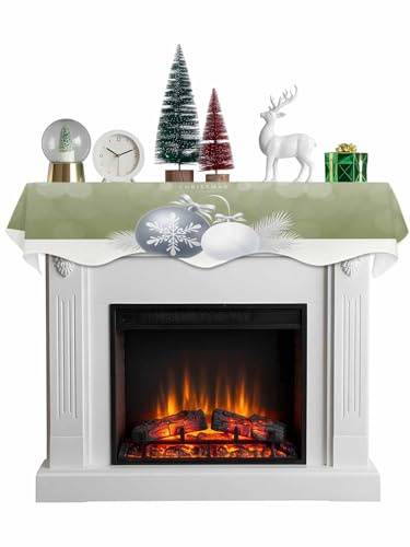 Sage Green Christmas Fireplace Scarf Mantle/Table Cloth Cover 60x17 Inch, Xmas Balls Pine Needles Snowflakes Indoor Winter Cloths Mantle Scarves Table Covers for Living Room, Window, Dressing Tables