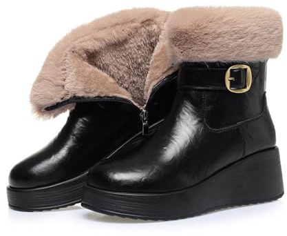 Plateau Boots Med Kilklack Dam PU-Läder Ankelstövlar Med Spänne Varma Plush Ankelboots Med Dragkedja, Vinter Halkskyddade Snöstövlar, Fritid Bomullsskor for Utomhusbruk(Black,37 EU)
