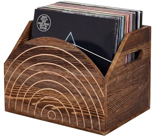 Loungewave Wood Vinyl Record Storage, Retro & Classic Vinyl Record Holder for 60+ Records, Heavy-Duty Vinyl Record Crate with Handle, Multi-Purpose Organizer for Albums, Books, Magazines