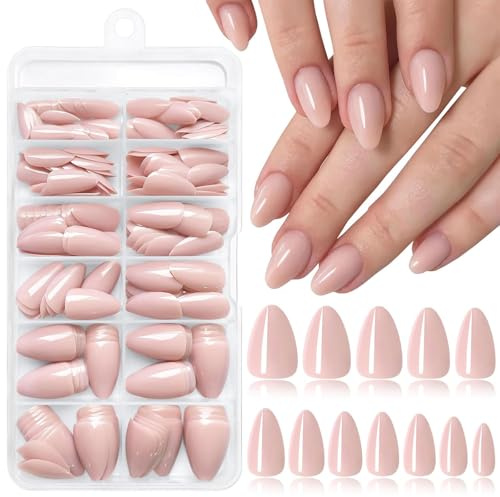 LunarCharm 240 pièces ongles artificiels en forme d'amande à coller, ongles en acrylique courts, couverture complète, pour femmes et filles, 12 tailles, nude