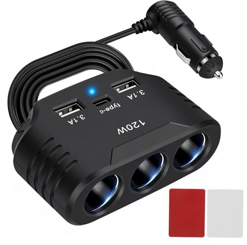 120W Prise Allume Cigare 12V 24V 3 Prises USB-C Voltmètre Interrupteurs | 120W puissance maximale,charge rapide USB-C/USB,voltmetre LED,interrupteurs independants,protections anti-surchauffe
