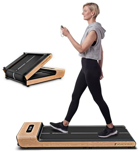Sportstech Walking Pad für Zuhause klappbar, bis 8 km/h, Schrittezähler, für Schreibtisch und Büro, Home Office, Deutsche Qualitätsmarke, App kompatibel, leise, 120 kg belastbar, WoodPad Pro