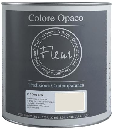 FLEUR DESIGNER'S PAINT | Pittura Chalk Paint Opaca, 2,5 L, Senza Carteggiare, Multisuperficie, Colore F10 Dove Grey, Effetto Gesso, Per Pareti e Mobili, Extra Opaco, Ad Acqua, Made in Italy
