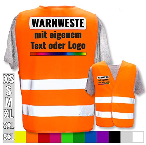 Warnweste selbst gestalten mit eigenem Aufdruck * Bedruckt mit Name Text Bild Logo Firma, Position & Druckart:Rücken + Front/Premium-Druck, Farbe & Größe:Orange/Größe M/L