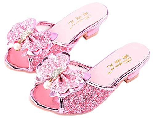 Monissy Sandale à Talon Haut Mules Bouche de Poisson Argenté Paillette Noeuds Métal Crystal Incrusté Perle Fille Princesse Déguisement Chaussures de Danse Noël Halloween, Rose, 32 EU