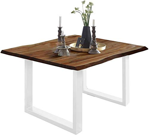 SAM Esstisch Mephisto 90x90 cm Akazie nuss Baumkante U-Gestell weiß | Baumkantentisch massiv, Akazienholz nussbaumfarben, 26 mm Tischplatte, Metallgestell