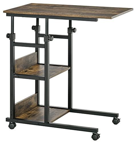 HOMCOM Beistelltisch Couchtisch mit Rollen 80x40x72-82 cm Braun | Höhenverstellbarer Schreibtisch mit 2 unteren Regalen, Sofatisch Laptoptisch, Betttisch, für Esszimmer Wohnzimmer, Metall