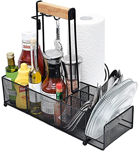 OMAIA BBQ and Grill Caddy with Paper Towel Holder, Wood Handle & 2 Hooks – Camper Accessories Condiment Caddy – Plates, Cutlery and BBQ Organizer for Camping Outdoor, RV - US Patent Pending