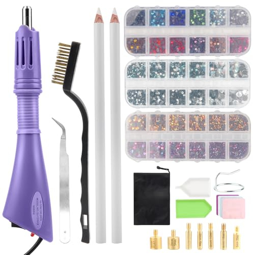 SWAWIS Hotfix Strasssteine Applikator Hotfix Applikator 3 Boxen Mix Strass | Flache Glitzersteine mit 7 Applikatorspitzen für Textilien Hotfix Strass Applikator Set Violett