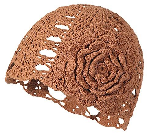 ZLYC Damen Mädchen Mütze Handgemachte Sommermütze Strickmütze, Braune Blume, One Size
