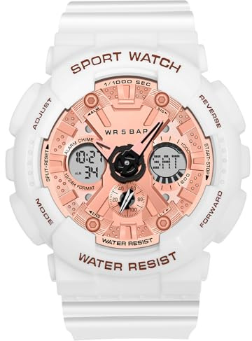 RORIOS Damen Uhren Digital Quarz Armbanduhren Militär Wasserdicht Sportuhr mit Alarm Timer Elektronische Multifunktions Uhr für Herren Damen Weißes Roségold