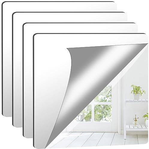 Augshy 4 Stück 26x26cm Selbstklebende Fliesenspiegel, Selbstklebende Flexibler Spiegel Nicht Glas DIY Acrylic Wanddekoration Dekospiegel Rahmenloser Wandspiegel