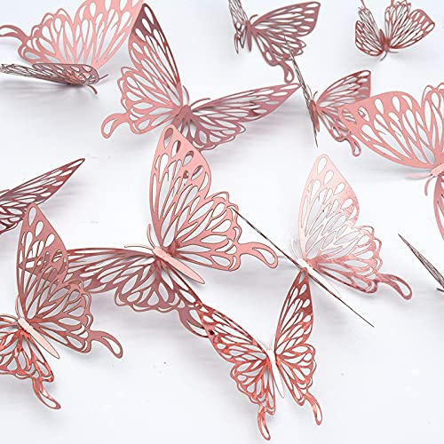 Schmetterlinge 3D Wanddeko, CAYUDEN 24 Stück 3 Größen Schmetterlinge Wanddeko 3D Schmetterlinge zum Aufkleben Wandaufkleber für die Wand, Zimmer, Hochzeit, Party Dekoration(Roségold)