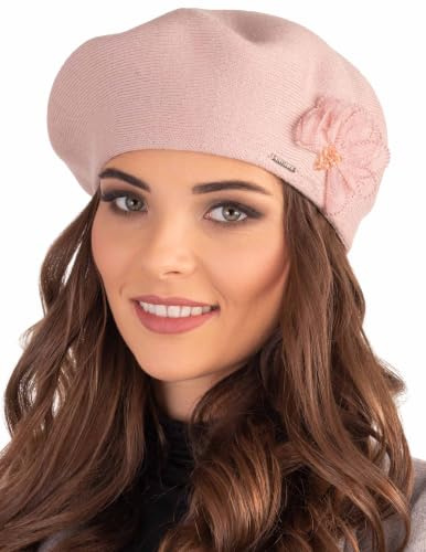 VIVISENCE Baskenmütze Winter Damen Mit Klassischem Schnitt Elegante Mütze Mit Wärmendem Garn Mit Wollzusatz Wintermütze Für Frauen Blumenapplikation Perfekte Anpassung Modell 7036