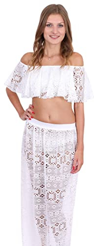 John Zack Top de Hombros Descubiertos, Volante, Encaje Blanco Blusa Femenina Blanca S-M