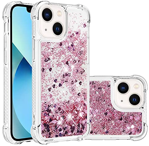IMEIKONST Custodia Compatibile con iPhone 13 Mini, Brillantini Glitter Colore Sabbie Mobili Cover Trasparente Rigida TPU Silicone Bumper Slim Case Custodie per iPhone 13 Mini. Love Rose YBW