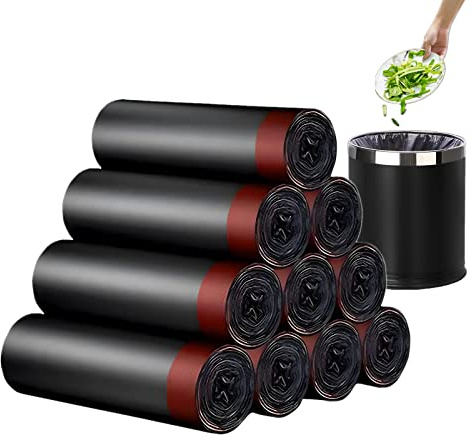RTBQJ-AT Müllsäcke mit Zugband, Schwarze Mülltüten Fünf Rollen, 18 Stück pro Rolle, Müllbeutel ohne Duft, für Büro oder Zuhause (5-10 Liter, 90 Stück)