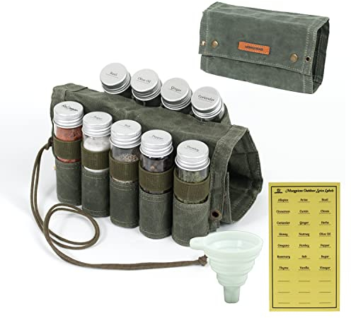 MONGPIENS Camping Spice kit with 9 spice Jar,rope,Spice Labels Sticker,Silicone Collapsible Funnel, Canvas Travel Seasoning container, portable spice bag for travel (CAMEL BROWN) (MILITARY GREEN)