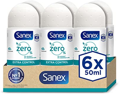 Sanex Zero% Extra Control Desodorante Roll-On, 50ml, Protección 48H, 0% Alcohol, 0% Sales de Aluminio, Cuida y Mantiene la Piel Sana, Inhibe la Formación de Olores Corporales PACK DE 6.