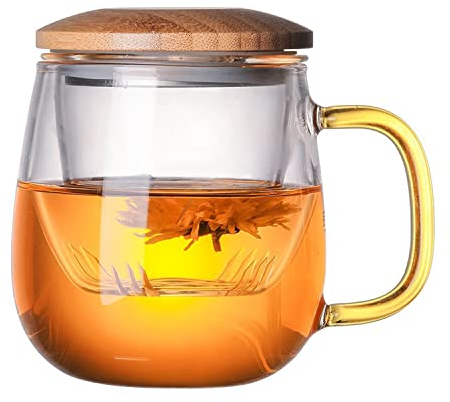 Hniuyun Glass Tea Infuser Cup with Strainer and Lid for Loose Leaf, Blooming, and Tea Bag (14.2oz/420ml)