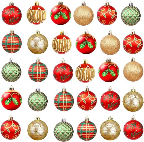 30 Stück Rot Grün Gold Weihnachtskugeln 6cm Plastik Christbaumkugeln Weihnachtsbaumschmuck Dekoration Christbaumschmuck mit Aufhänger fur Weihnachtsfeier, Baumschmuck Haken enthalten