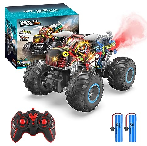iBlivers Ferngesteuertes Auto, Ferngesteuert Monster Truck 1:16 Fernbedienung Monstertruck mit Sprühnebel Musik LED-Leuchten für Kinder, RC Monster Auto Car AB 4,5,6,7,8 3-12 Jahre Junge