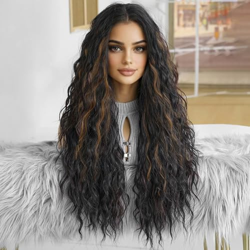 PORSMEER Damen Perücke dunkelbraun mit blond Lang Lockige Wellige Perücken für Frauen,Natürlich Mittelscheitel Lange Locken Haar 28 Zoll,für Alltag/Party/Cosplay