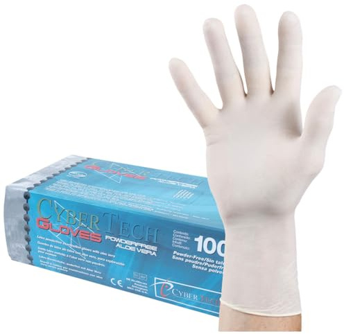 CyberTech – Latexhandschuhe mit pflegendem Aloe-Vera (100 Stück), puderfrei, unsteril, weiße Untersuchungshandschuhe, XS