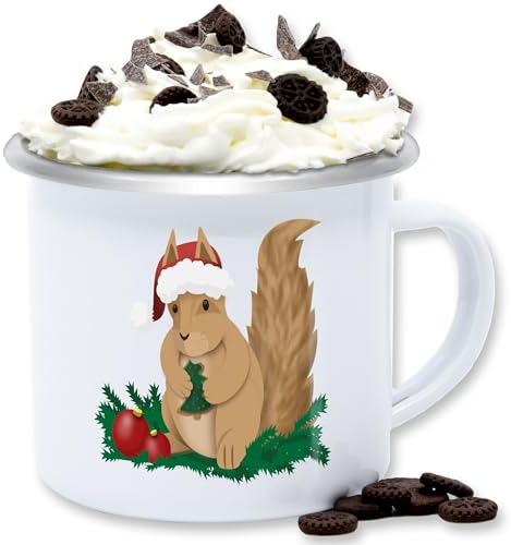 Emaille Tasse Blechtasse - Weihnachtstasse - Weihnachten Eichhörnchen - 300 ml - Weiß Silber - weihnachtstassen christmas tassen weihnachtsbecher weihnachtsmotiv weihnachts teetasse