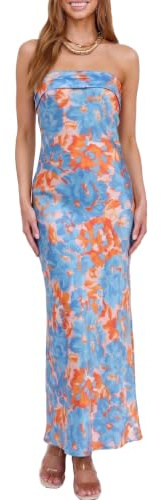 Realtix Summer Satin Strapless Backless Maxi Dress for Women Wedding Guest