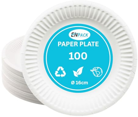 Enpack 300 Stück Einweg Teller aus Papier 16cm - Einwegteller in weiß - Pappteller Geburtstag - Einweggeschirr umweltfreundlich & nachhaltig - Einmal Teller für Partys - bio plates