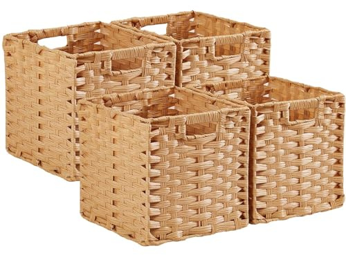 Mangata Cubos de almacenamiento de 28 x 28 cm, cestas de almacenamiento de ratán sintético, organizador decorativo para armario, impermeable, no mohoso (Caqui, paquete de 4)