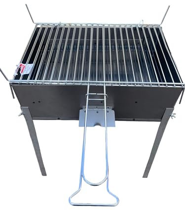 Barbecue in ferro con griglia in acciaio, con coperchio richiudibile, piedi estraibili, per legna o carbone, portatile (50x35 cm)