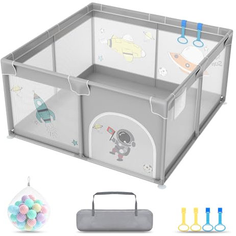 TWOLIIN Laufstall Baby 127x127cmLaufgitter für Baby mit 50 Ocean Bällen & 4 Zugringen & Tragetasche, Faltbar Laufgitterzelt mit Atmungsaktivem Netz für Kinder, Grau mit Astronautenmotiven