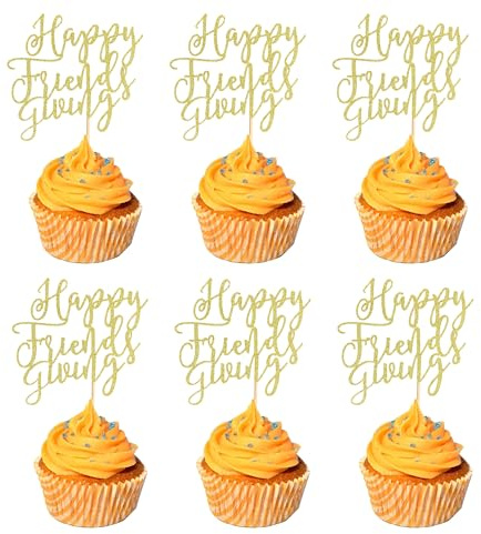 Arthsdite 24Pcs Happy Friendsgiving Cupcake Toppers Fall Theme Thanksgiving Cupcake Picks Give Thanks Cake Decorations for Happy Thanksgiving Day Theme Birthday Party Supplies - Gold Glitter