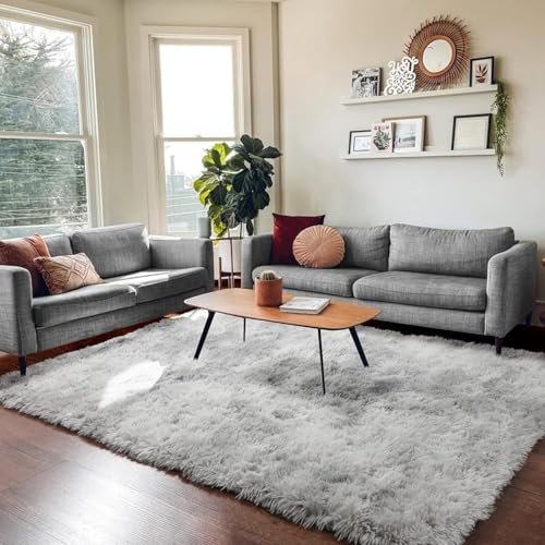 HOKXUAN Teppich Wohnzimmer Hochflor 140 x 80 cm Anti-Rutsch Unterseite, Soft Shaggy Hochflor Teppich Flauschig-Weiche Teppiche Modernes Einfarbiges Design für Küche, Schlafzimmer, Hellgrau