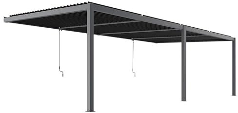 Primrose Deluxe Modern Patio Veranda Pergola Wall Mounted Carport with Louvered Shutter Roof in Black Charcoal Aluminium (6m x 3m)