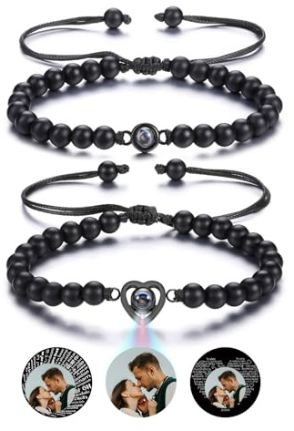 JSDDE Personalisiertes Partner Armbänder mit Foto 100 Sprachen Ich liebe dich Armband Projektionsarmband Pärchen Armband Fotoarmband mit eigenem Foto Personalisiertes Geschenk (Obsidian)
