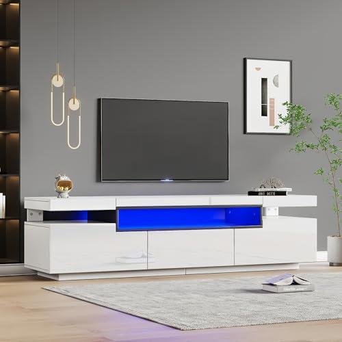 BTM Eleganter Hochglanz-TV-Schrank 160x39x42cm – Weiß mit 16 Farben LED-Beleuchtung – Platz für 70 Zoll Fernseher – Inklusive 3 Schubladen,Hochglanz-TV-Ständer